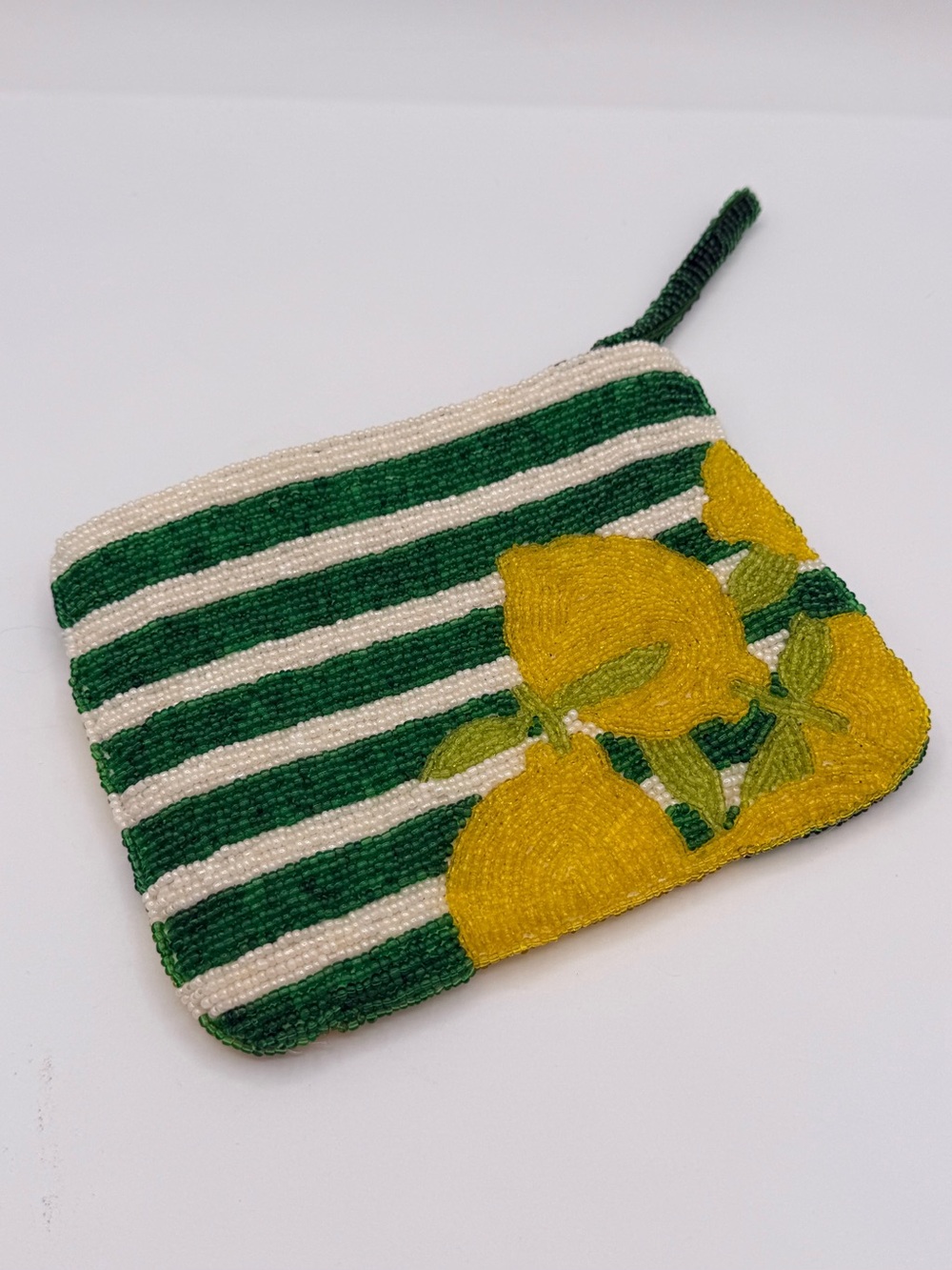 The Jacksons Beaded Lemon Stripe Wristlet Pouch in Green, White & Yellow